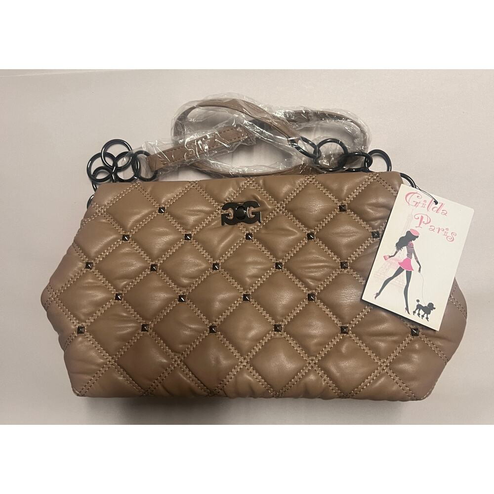 Gilda Paris Women's Waffle Quilted Studded Handbag Crossbody Taupe MSRP$159 NWT